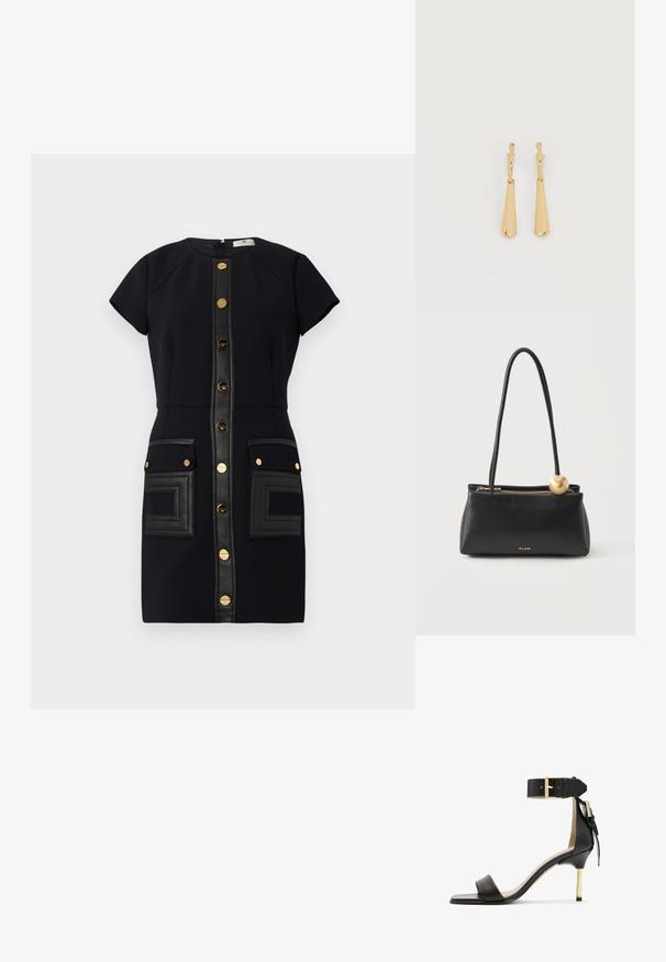 Vestido negro con mangas cortas, botones dorados y detalles de cuero. Presenta dos bolsillos de parche con un detalle texturizado.; Sándal de tacón de cuero negro con punta cuadrada, correa en el tobillo con hebilla dorada y un tacón metálico esbelto. Textura suave, diseño minimalista.; Bolso de mano de cuero negro rectangular con asas largas, cremallera dorada, adorno esférico dorado y pequeño logo de ALDO en el centro delantero.; Pendientes colgantes en tono dorado con colgantes alargados y suaves en forma de lágrima, colgando de cierres de aros pequeños sobre un fondo blanco.