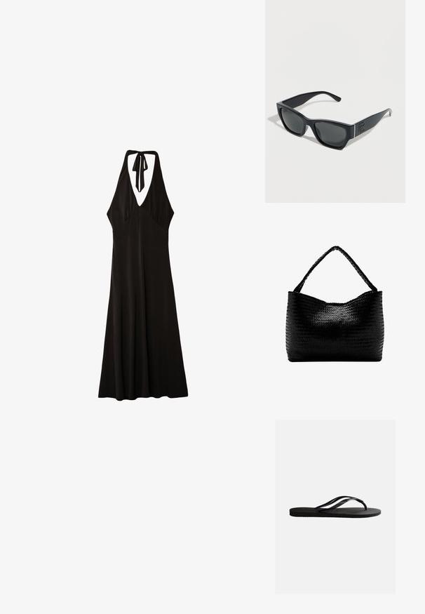 Stradivarius MIDI WITH KNOT - Robe en jersey - black; Sandale tong en caoutchouc noir avec semelle texturée et fines brides en Y sur un fond blanc uni.; Lunettes de soleil rectangulaires noires avec des verres foncés et un logo sur la branche, reposant sur une surface blanche.; Sac à main tissé noir avec une anse unique tressée, forme rectangulaire et surface texturée brillante.