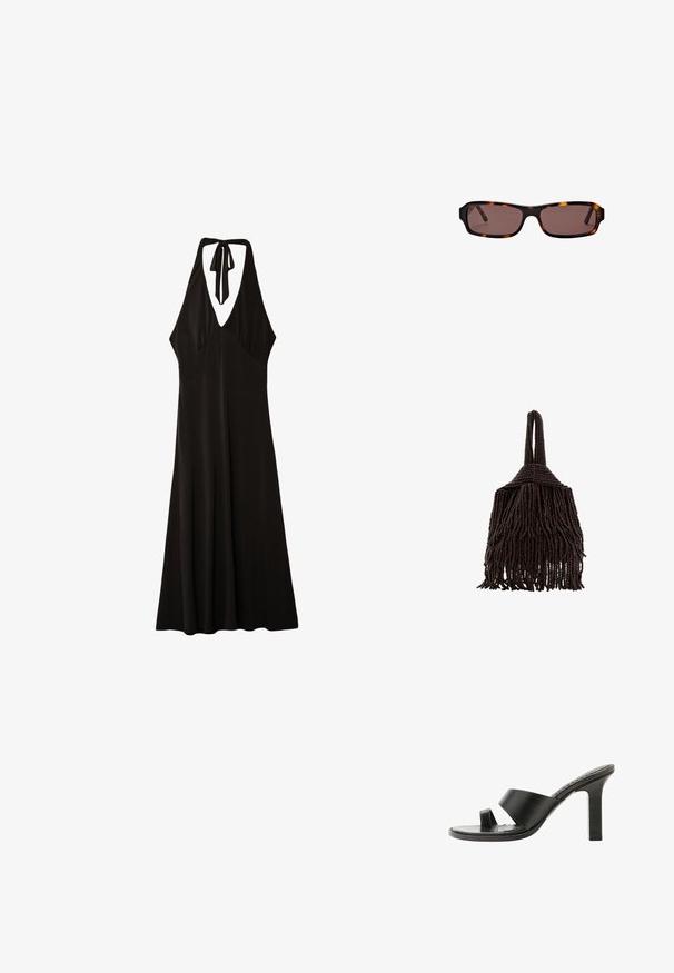 Stradivarius MIDI WITH KNOT - Robe en jersey - black; Sandale noire à talon haut avec une large bride sur le pied et une boucle pour l’orteil, vue de côté sur fond blanc.; Lunettes de soleil rectangulaires en écailles de tortue avec des verres marron foncé et des branches fines, présentées sur fond blanc.; Petit sac à main marron foncé couvert de rangées denses de perles avec une anse bouclée et un design frangé et texturé.