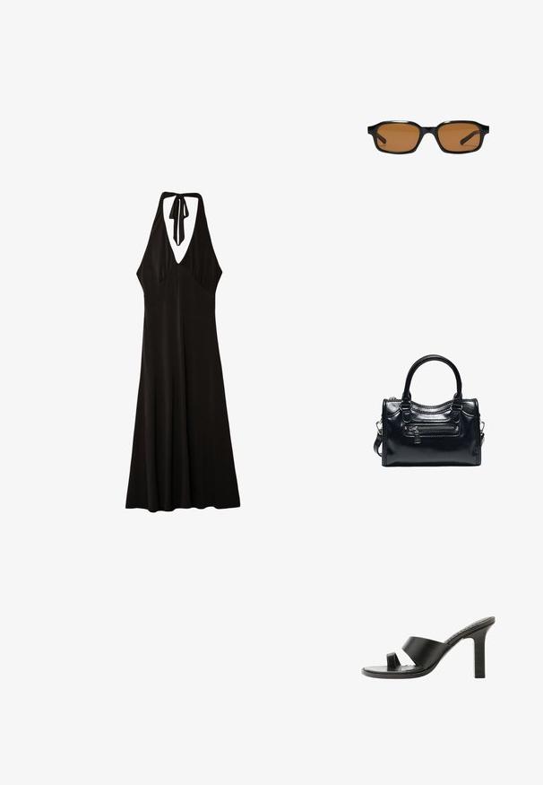 Stradivarius MIDI WITH KNOT - Jerseykleid - black; Schwarze Sandale mit hohem Absatz, breitem Riemen über dem Fuß und einer Zehenschlaufe, von der Seite auf weißem Hintergrund gezeigt.; Schwarze rechteckige Sonnenbrille mit dickem Rahmen und braunen getönten Gläsern, von vorne auf weißem Hintergrund gezeigt.; Schwarze glänzende Lederhandtasche mit zwei Griffen, vorderer Reißverschlusstasche und abnehmbarem Schulterriemen auf weißem Hintergrund.