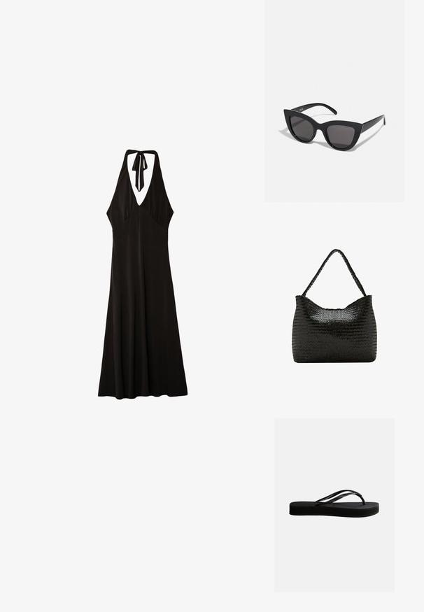 Stradivarius MIDI WITH KNOT - Robe en jersey - black; Tongs en caoutchouc noir avec semelle texturée et bride en forme de Y, vues de côté sur un fond clair uni.; Lunettes de soleil noires en forme d'œil de chat avec une finition mate, dotées de verres teintés gris, d'angles aigus et de branches élégantes. Nom de la marque visible sur la branche intérieure.; Sac bandoulière en cuir noir tressé avec une lanière unique tressée et une forme douce et rectangulaire arrondie.