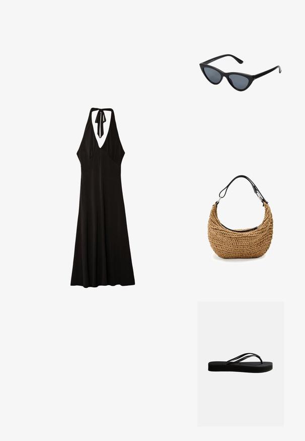 Stradivarius MIDI WITH KNOT - Robe en jersey - black; Tongs en caoutchouc noir avec semelle texturée et bride en forme de Y, vues de côté sur un fond clair uni.; Lunettes de soleil noires en forme d'œil de chat avec des verres gris foncé, monture en plastique élégante, coins pointus et branches droites. Pas de métal visible ni d'accents.; Sac à main en paille tissée beige à silhouette courbée, doté d'une bandoulière en cuir noir et d'accents métalliques argentés. Finition texturée.