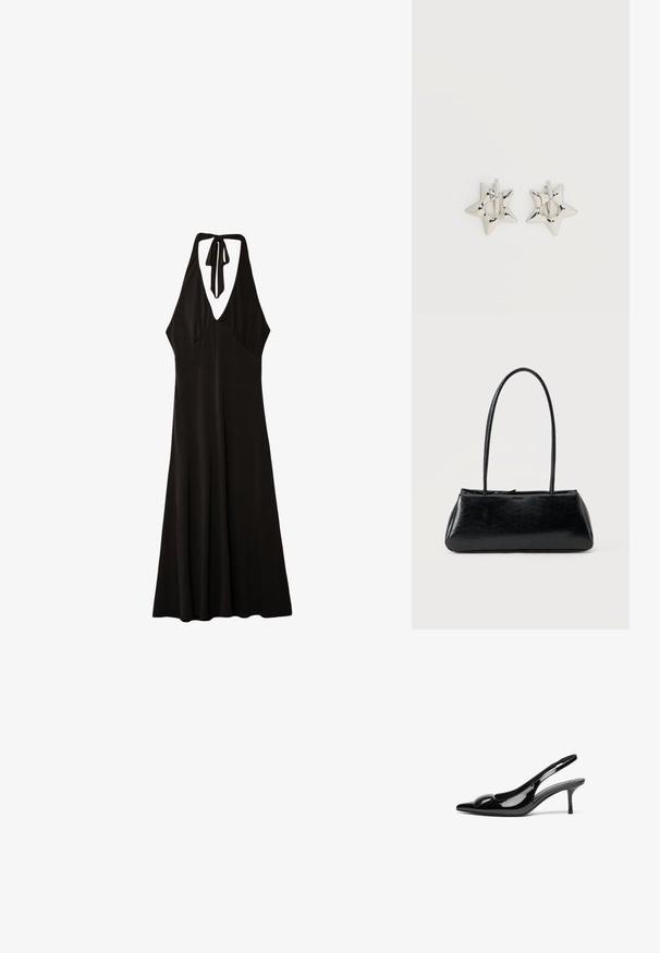 Stradivarius MIDI WITH KNOT - Jerseyjurk - black; Zwarte gepatineerde leren slingback hakken met een puntige neus en een glanzende afwerking. Heeft een slanke hak en een ronde accent op de bovenkant.; Zwarte rechthoekige schoudertas met lange dunne banden en een gladde, glanzende textuur op een effen achtergrond.; Zilverkleurige stervormige oorringen met een gladde, gepolijste afwerking op een effen witte achtergrond.