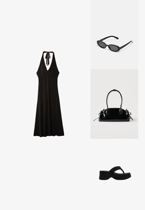 Stradivarius MIDI WITH KNOT - Robe en jersey - black; Sandale noire à plateforme avec semelle épaisse et large bride d'orteil, vue de côté sur fond blanc.; Even&Odd Lunettes de soleil - black; Petit sac à main noir brillant avec deux longues anses et des détails à cordon sur les côtés sur un fond clair uni.