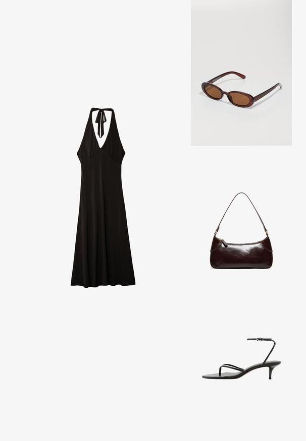 Stradivarius MIDI WITH KNOT - Robe en jersey - black; Sandale noire à brides fines avec boucle fine à la cheville, boucle pour l’orteil et talon kitten fin de hauteur moyenne sur fond blanc.; Lunettes de soleil rondes teinte brun avec une monture bordeaux brillante. Branches fines avec un détail de marque subtil. Design de verres plats.; Sac à bandoulière en cuir marron foncé avec une seule sangle et une fermeture éclair, forme rectangulaire avec des bords arrondis sur fond blanc.