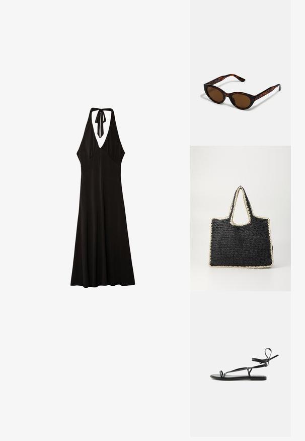 Stradivarius MIDI WITH KNOT - Jerseyjurk - black; Zwarte platte sandaal met dunne bandjes en een enkelwikkelontwerp op een effen lichte achtergrond.; Bruine schildpad zonnebril met een vintage cat-eye vorm en bruine lenzen. Heeft gebogen armen met rode accenten.; Zwarte geweven tote tas met crèmekleurige bies en handvatten, rechthoekige vorm, open bovenkant en een gestructureerd breipatroon.