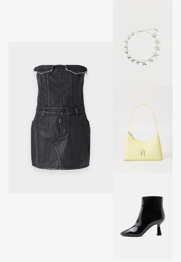 Sort denimkjole med tætsiddende liv, off-the-shoulder design, forlommer og kontraststing. Glat tekstur med en let glans.; Sort blank laklæder ankelstøvle med spids tå og udvidet mellemhøj hæl på hvid baggrund.; Gul kunstlæder håndtaske med en glat tekstur, rund form og en slank skulderrem; har et metallisk "A" logo på fronten.; Sølv stjerneformet kæde med sammenkoblede stjerner i forskellige størrelser og en lille lobster-klips på en hvid baggrund.