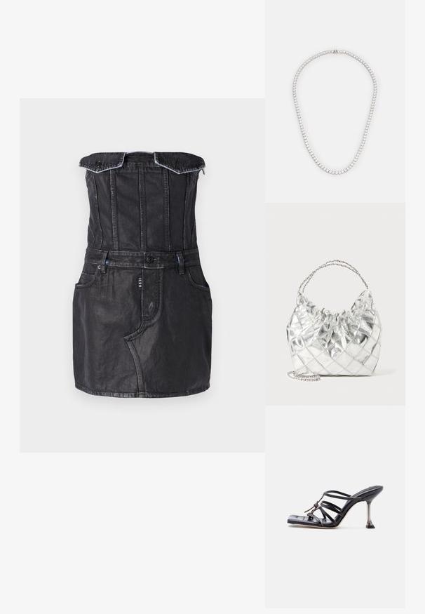 Zwarte denim jurk met een aansluitende top, off-the-shoulder ontwerp, vo pockets en contrasterende stiksels. Glad textuur met een lichte glans.; Zwarte sandaal met hoge hak en bandjes, met een vierkante neus en een dunne naaldhak, voorzien van overlappende bandjes en een knoopdetail op het bovenwerk.; Zilverkleurige metallic quilted handtas met een geplooide bovenrand en dubbele kettinghandvatten op een witte achtergrond.; Rhodium-plated halsketting met een continue lijn van heldere, ronde kristallen, dicht bij elkaar gerangschikt voor een delicate, schitterende uitstraling.