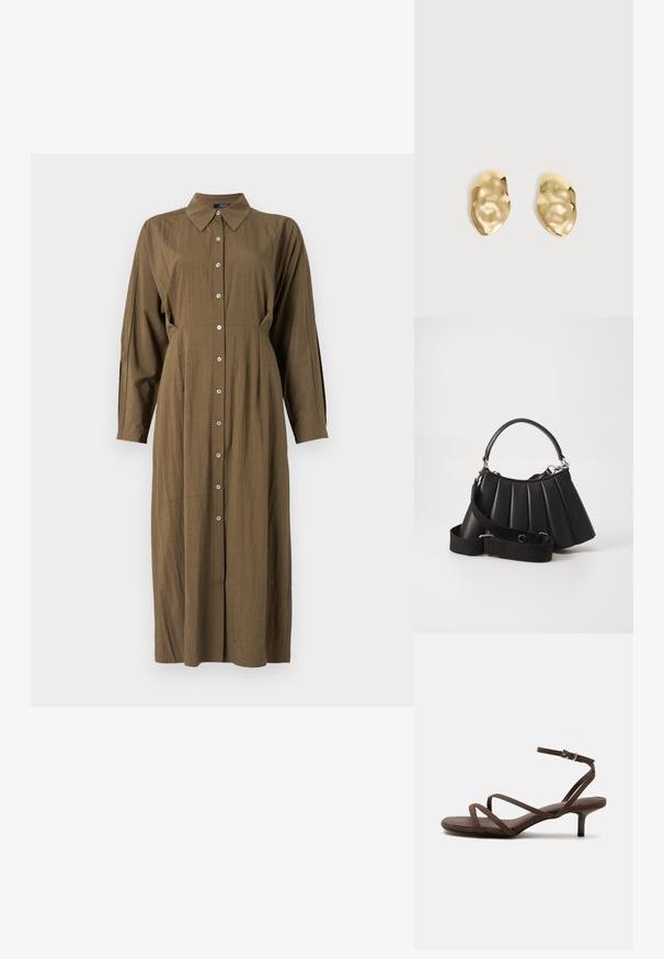 Vestido verde oliva de manga larga con cuello puntiagudo, cierre de botones en la parte delantera y corte holgado. Tejido suave con textura sutil y costuras laterales.; Sandalia marrón de tacón alto con tiras finas cruzadas y una correa en el tobillo con una hebilla plateada sobre un fondo blanco.; Bolso de mano negro con pliegues, manejo redondeado, correa ajustable y textura brillante. Presenta herrajes plateados y una silueta estructurada.; Par de pendientes de metal dorado brillante, con forma irregular y superficie arrugada y lisa sobre un fondo claro y sencillo.