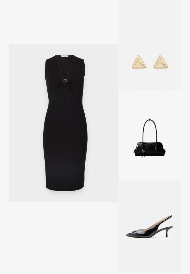 Vestido negro sin mangas con escote en V y detalle fruncido en el busto, con un pequeño adorno circular dorado en el centro. Silueta ajustada.; Tacón slingback de charol negro con puntera puntiaguda, tacón pequeño tipo kitten y correa con hebilla plateada sobre un fondo blanco liso.; Bolso de hombro negro de cuero con textura de cocodrilo, con correas largas y un pequeño colgante de logo plateado en una correa.; Guess PARTY - Pendientes - gold-coloured