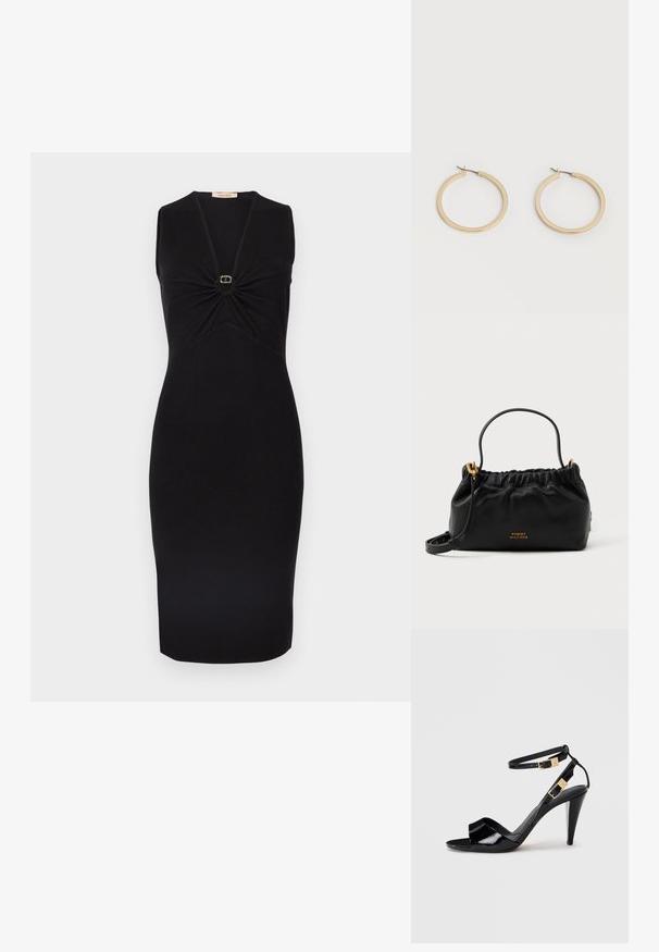 Vestido negro sin mangas con escote en V y detalle fruncido en el busto, con un pequeño adorno circular dorado en el centro. Silueta ajustada.; Sандalia de tacón alto de charol negro con dobles correas en el tobillo y hebillas doradas, punta abierta y tacón delgado y afilado sobre un fondo neutro.; Bolso de piel negra con parte superior fruncida, una asa corta y una correa de hombro removible. Presenta un acento de logo dorado y una textura suave.; Par de pendientes de aro de tamaño mediano con tono dorado y cierre de bisagra sobre un fondo claro y liso.
