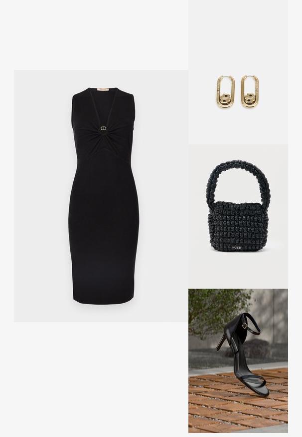 Robe noire sans manches avec un col en V et un détail froncé au niveau de la poitrine, ornée d'un petit accent circulaire doré au centre. Silhouette ajustée.; Sandale noire à talon haut avec sangle à la cheville, suspendue au-dessus d'un sol en carreaux de bois à l'extérieur, avec un arrière-plan flou de verdure et de pierre.; Petit sac à main noir matelassé avec une poignée courte rembourrée et une étiquette "HUGO" à l'avant, présenté sur un fond clair uni.; BOSS DOUBLE B SWING - Boucles d'oreilles - gold-coloured