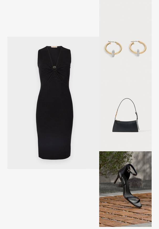 Vestido negro sin mangas con escote en V y detalle fruncido en el busto, con un pequeño adorno circular dorado en el centro. Silueta ajustada.; Sandalia negra de tacón alto con correa en el tobillo, parece suspendida sobre un suelo de baldosas de madera al aire libre, con un fondo difuminado de vegetación y piedra.; Bolso de mano de cuero negro con cremallera dorada y correa ajustable con detalles rectangulares dorados sobre un fondo blanco.; Par de pendientes de aro en tono dorado con pequeño detalle de aro en tono plateado en cada uno, expuestos sobre un fondo gris claro.
