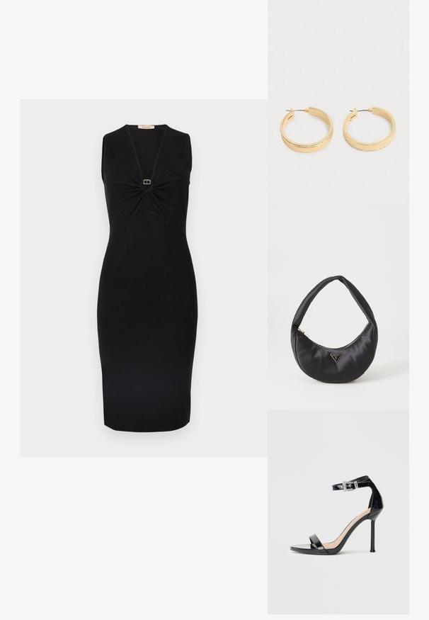Vestido negro sin mangas con escote en V y detalle fruncido en el busto, con un pequeño adorno circular dorado en el centro. Silueta ajustada.; Sandalia de tacón alto en piel sintética negra con correa en el tobillo. Presenta un diseño minimalista, punta abierta y una hebilla con detalles de pedrería.; Bolso de satén negro con forma curva, que cuenta con un cierre de cremallera y un logo triangular en metal en la parte delantera. Textura suave y diseño elegante.; Un par de pendientes de aro en tono dorado con una fila de pequeños cristales a lo largo del borde exterior, presentado sobre un fondo claro y liso.