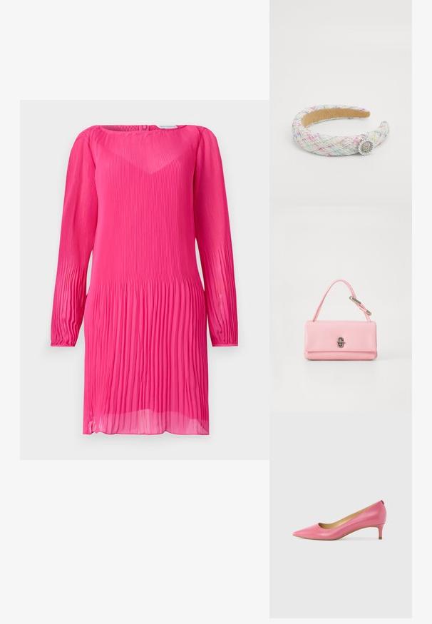 Vestido rosa plisado con mangas largas, escote redondo y textura translúcida. Presenta pliegues verticales por todo el vestido y un corte ligeramente holgado.; Zapato de salón de piel rosa con punta puntiaguda, tacón bajo y textura suave. Presenta un recorte en el lateral y un diseño minimalista.; Bolso de mano de cuero rosa con una forma rectangular estructurada, un único asa corta y un detalle de cierre en tono plateado en la parte delantera.; Diadema de tela tejida que presenta un patrón multicolor, un acabado texturizado y un adorno circular decorativo con perlas.
