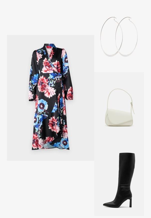 Vestido envolvente floral en tela negra con grandes flores rojas, azules y rosas. Mangas largas, escote en v y cintura con lazo, con una silueta fluida.; Even&Odd by Zalando Botas - black; Bolso de mano de imitación cuero blanco con una forma triangular estructurada, correa ajustable única y cierre con solapa acentuada en curva.; Pendientes de aro plateados con un diseño delgado y suave; forma ovalada alargada; acabado pulido; presentan un cierre de gancho seguro.