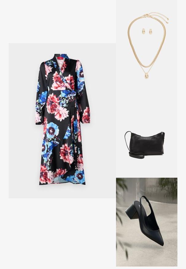 Blomstrete omslagskjole i sort stof med store røde, blå og pink blomster. Lange ærmer, v-hals og en bindebånd i taljen med en svømmede silhuet.; Sort læder slingback hæl med spids tå og blokhæl. Glat tekstur, minimalistisk design og justerbar ankelrem.; Sort læder skuldertaske med en glat tekstur, buet form, justerbar rem og lynlås. Minimalistisk design uden udsmykninger.; Guldsmykkesæt med en lagdelt halskæde med en dråbeformet vedhæng og matchende stud øreringe, alt sammen med en poleret overflade.