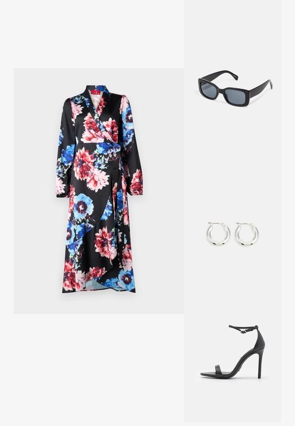 Blumenkleid aus schwarzem Stoff mit großen roten, blauen und pinken Blumen. Lange Ärmel, V-Ausschnitt und eine Taillenbindung mit fließendem Schnitt.; Schwarze High Heels Sandalen mit offener Zehe, dünnen Riemen und Knöchelverschluss. Glatte Ledertextur mit spitzem Zehendesign.; Schwarze rechteckige Sonnenbrille mit dunkel getönten Gläsern, dickem Kunstrahmen und breiten Bügeln. Glatte Oberfläche und kantiges Design.; Silberne Creolen mit glänzender Oberfläche, die eine kreisrunde Form haben und mit einem schwenkbaren Verschluss ausgestattet sind. Glatte Textur mit minimalen Details.