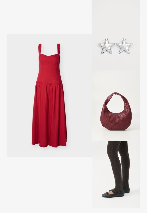 Robe midi rouge avec larges bretelles, corsage ajusté et jupe froncée sur un fond blanc uni.; Jambes portant des leggings côtelés foncés associés à des ballerines noires avec de petits détails en nœud sur fond blanc.; Sac à main tissé bordeaux avec une silhouette arrondie, une seule poignée et une finition texturée. Fermeture zippée en haut.; Boucles d'oreilles argentées en forme d'étoile, avec une surface lisse et brillante. Chaque boucle d'oreille possède cinq pointes et des détails subtils de texture de surface.