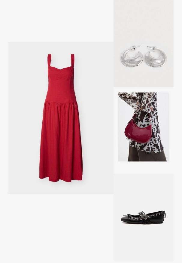 Robe midi rouge avec larges bretelles, corsage ajusté et jupe froncée sur un fond blanc uni.; Chaussure de ballet plate noire avec doubles brides à boucle, œillets argentés et petit nœud près de l’orteil arrondi sur fond blanc.; Femme portant un chemisier à motif noir et blanc tenant un sac à main rouge brillant sur un fond uni.; Une paire de boucles d'oreilles en croissant argenté poli avec des supports en plastique transparent sur une surface blanche.