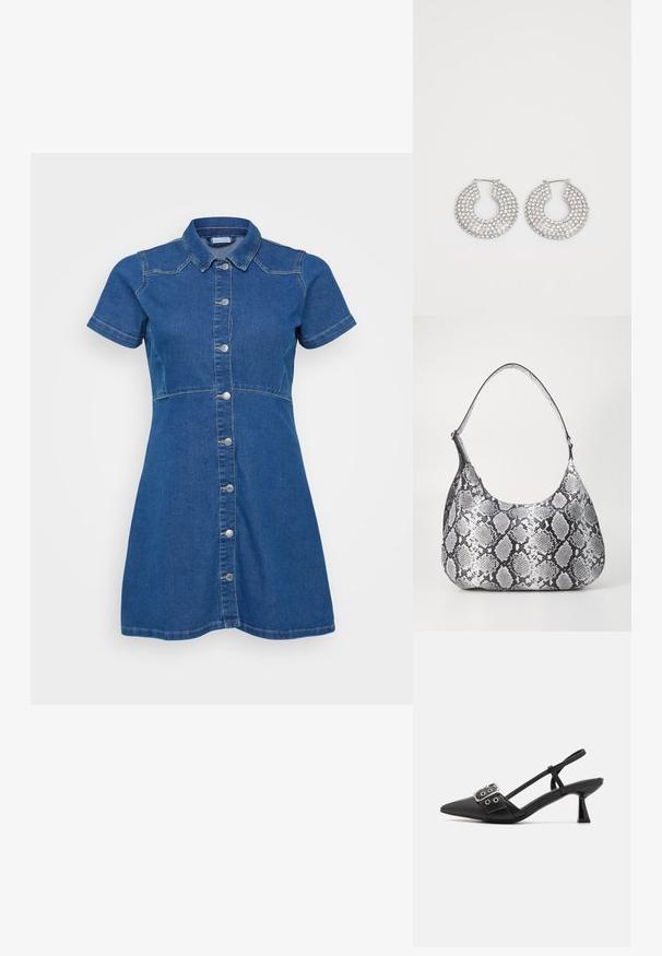 Blå denimkjole med korte ærmer, knaplukning foran og en skræddersyet pasform. Har kontrasterende syninger og en krave.; Simmi London DALA - Pumps - black; Sort-hvid slangemønster skuldertaske med en rund form, glat tekstur og en buet rem. Har et sølvfarvet hardware-accents.; Sølvøreringe med flere klare krystaludsmykninger, med en struktureret overflade og et åbent rundt design.