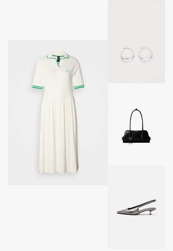 Robe polo blanche côtelée avec une jupe évasée, accent vert sur le col et les manches, présentant un logo rond sur la poitrine.; Chaussure slingback gris métallique à bout pointu, petit talon kitten et bride réglable sur fond blanc.; Sac à épaule en cuir noir à texture crocodile, avec de longues sangles et un petit charm logo argenté sur une sangle.; Boucles d'oreilles en argent avec une finition polie et un branding DKNY, présentées sur un fond blanc uni.