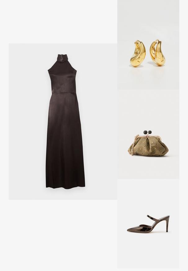 Robe noire sans manches à col montant en satin lisse. Modèle longueur au sol avec un corsage ajusté et une jupe fluide. Détails minimalistes.; Mule à talon haut marron foncé brillant à bout pointu avec une fine bride sur le coup de pied sur fond blanc uni.; Petite pochette avec motif géométrique doré et noir, cadre en métal doré, fermeture à boule noire et une courte chaîne dorée.; Boucles d'oreilles en or en forme de d'anneaux lisses et courbés avec une finition polie. Équipées d'un mécanisme de fermeture et de légères indentations pour le détail.