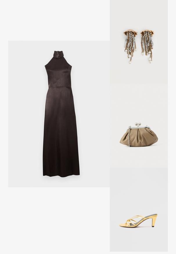 Robe noire sans manches à col montant en satin lisse. Modèle longueur au sol avec un corsage ajusté et une jupe fluide. Détails minimalistes.; Sandale métallisée jaune à talon haut, avec des brides croisées, bout ouvert et talon effilé. Semelle texturée en gris.; Pochette en cuir beige clair à la forme arrondie, texture plissée, fermeture à verrou argentée et bandoulière chaîne amovible.; Boucles d'oreilles clips dorées avec chaînes de strass en cascade et perles blanches pendantes sur fond blanc.