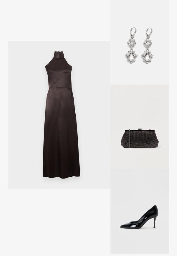 Robe noire sans manches à col montant en satin lisse. Modèle longueur au sol avec un corsage ajusté et une jupe fluide. Détails minimalistes.; Escarpin en cuir verni noir avec un bout pointu et un talon aiguille délicat. Texture lisse avec un fini brillant et un design minimaliste.; Pochette noire en mesh avec une silhouette structurée, ornée de petits clous métalliques, dotée d'une fermeture à clip et d'une bandoulière en chaîne détachable.; Boucles d'oreilles en métal argenté ornées de plusieurs pierres précieuses en cristal transparent en forme de goutte et de marquise, avec des fermoirs à levier et des détails complexes.