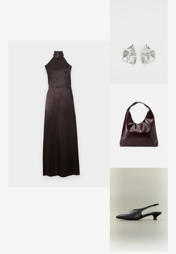 Mouwloze zwarte jurk met hoogsluitende hals van glad satijn. Vloerlengte ontwerp met een aansluitend lijfje en een vloeiende rok. Minimale details.; Zwarte leren slingback schoen met puntige neus en lage kittenhak op een neutrale achtergrond.; Bordeaux, glanzende vegan leren totebag met een zachte, sculpturale vorm en een brede, gebogen handgreep voor makkelijk dragen.; Zilveren metalen oorbellen met een golvend, sculpturaal ontwerp, voorzien van een gepolijste afwerking en onregelmatige vormen, die een hedendaagse esthetiek benadrukken.