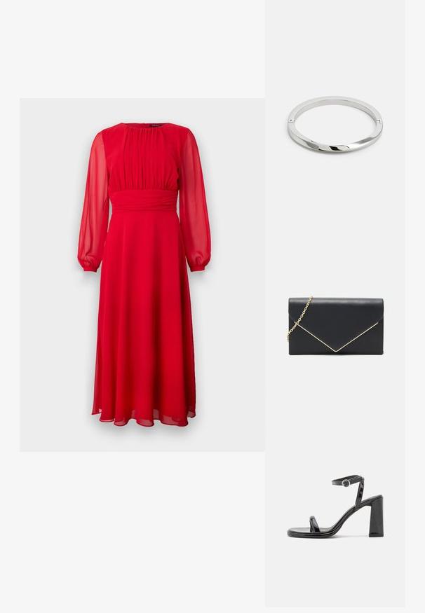 Κόκκινο φόρεμα από chiffon με μακρυά, διαφανή μανίκια, πτυχωτό κορσάζ και ρέουσα A-line σιλουέτα. Μαλακή υφή και σχέδιο που φτάνει μέχρι τον αστράγαλο.; Call it Spring Σανδάλια - black; Μαύρο τσαντάκι από τεχνητό δέρμα με χρυσό αλυσίδα. Διαθέτει δομημένο σχέδιο φακέλου με διαγώνια χρυσή λεπτομέρεια κατά μήκος του κλεισίματος.; Ασημένιο μεταλλικό βραχιόλι με λεία, γυαλιστερή επιφάνεια και επίπεδες ακμές. Διαθέτει ανοιχτό κυκλικό σχέδιο με διακριτική λεπτομέρεια κλειδώματος.