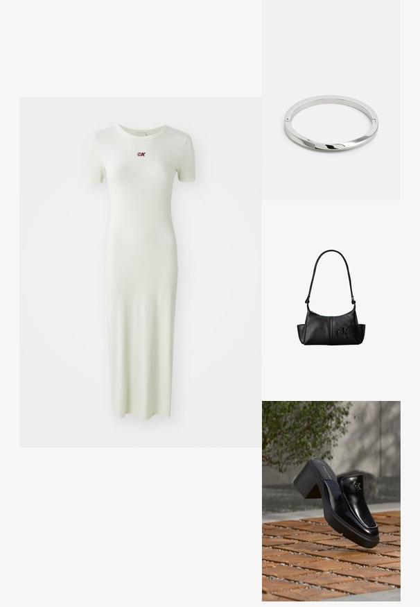 Rippkleid in hellgrün, knöchellang mit kurzen Ärmeln und rundem Ausschnitt, ausgestattet mit einem kleinen roten gestickten Logo auf der Brust.; Schwarze Leder-Slip-on-Mule von Calvin Klein mit Blockabsatz, die auf Holzfliesen im Freien nahe einer grünen Pflanze und einer grauen Wand ruht.; Schwarze Leder-Schultertasche mit langem Träger, Seitentaschen und eingeprägtem Calvin Klein-Logo auf der Vorderseite.; Silbernes Metallarmband mit einer glatten, glänzenden Oberfläche und flachen Kanten. Verfügt über ein offenes, kreisförmiges Design mit einem subtilen Verschlussdetail.