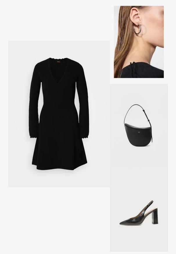 Sort strikket kjole med V-hals, lange mønstrede ærmer og en flagrende nederdel. Teksturdetaljer tilføjer visuel interesse.; Sort læder peep-toe slingback sko med høj blokhæl og beige indvendig foring mod en ensfarvet lys baggrund.; Sort halv-måne skuldertaske i læder med justerbar rem og guld "BOSS"-logo centreret foran.; Sølv hoop ørestik med en poleret overflade, prydet med små guld accenter og en rund form, båret på øreflippen.