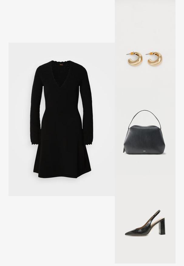 Sort strikket kjole med V-hals, lange mønstrede ærmer og en flagrende nederdel. Teksturdetaljer tilføjer visuel interesse.; Sort læder peep-toe slingback sko med høj blokhæl og beige indvendig foring mod en ensfarvet lys baggrund.; Sort læderhåndtaske med enkelt rem og lille gyldent "BOSS"-logo på forsiden, mod en ensfarvet lys grå baggrund.; To skinnende guldøreringe i et buet design med orange accenter nær stikket, sat mod en enkel hvid baggrund.