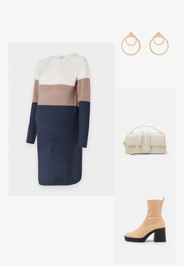 Gebreide jurk met lange mouwen, met een kleurblokontwerp in crèmewit, taupe en marineblauw. Zachte textuur en ronde hals.; Beige enkellaars gemaakt van glad materiaal met een ronde neus, elastische zijkant en een stevige zwarte blokhak. Voorzien van een trekband aan de achterkant.; Crème-kleurige leren handtas met een rechthoekige vorm, platte handgreep en afneembare schouderband; heeft een voorklep met een magnetische sluiting.; Gouden oorbellen in de vorm van hoepels met twee onderling verbonden cirkels met een gestructureerde afwerking. Ontworpen met een gladde, veilige achterkant.