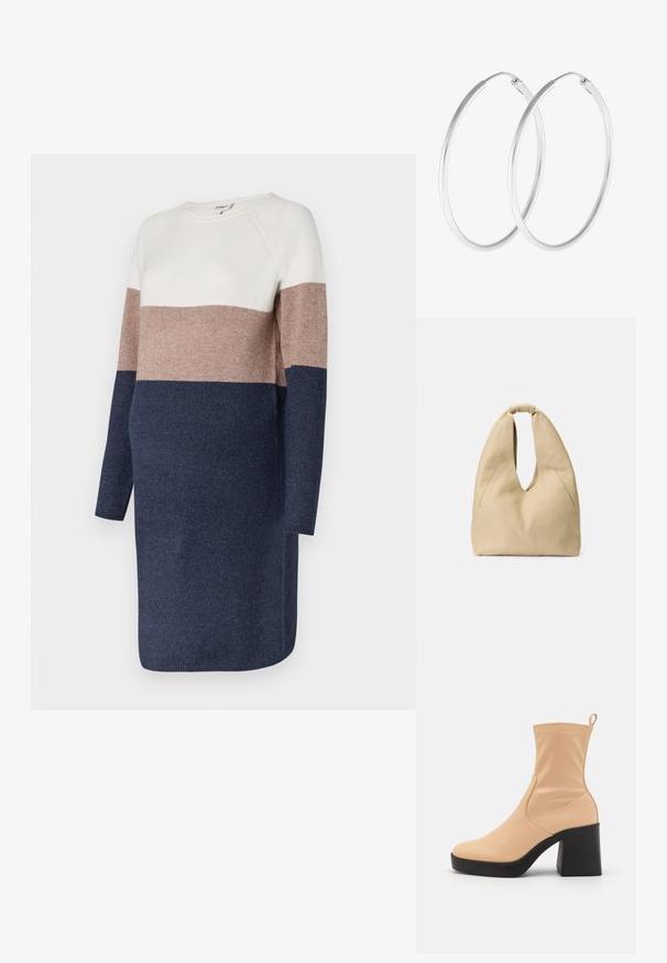 Robe en maille à manches longues, dotée d'un design en blocs de couleurs en crème, taupe et marine. Texture douce et encolure ronde.; Botte ankle beige en matériau lisse avec un bout arrondi, un côté élastique et un talon bloc noir épais. Dispose d'une lanière à l'arrière.; Sac à main en cuir beige avec une forme en S unique, texture douce et une poignée boucle. Présente deux poches diagonales à l'avant.; Boucles d'oreilles en argent, de forme ronde lisse et finition polie. Les deux boucles d'oreilles sont de la même taille et disposent d'un mécanisme de fermeture sécurisé.