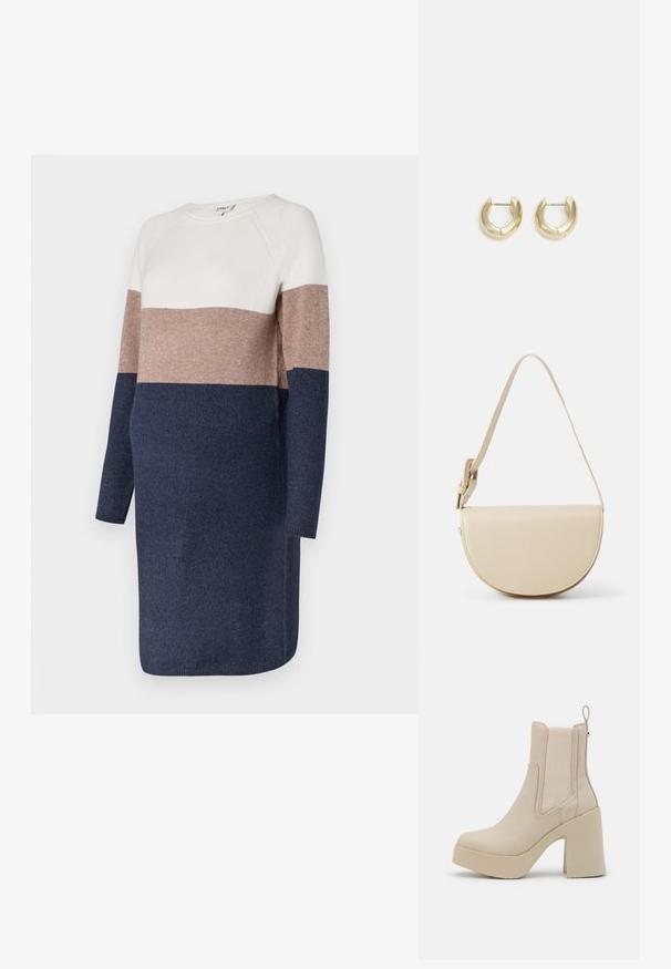Strikkjole med lange ærmer, der har et farveblok-design i creme, taupe og marineblå. Blød tekstur og rund halsudskæring.; Steve Madden CLIMATE - Plateaustøvletter - bone; HVISK NOMI SOFT STRUCTURE - Håndtasker - bone white; Guld-tone hoop øreringe med en glat, poleret overflade. Har en halvcirkelform og en sikker stiftlukning.
