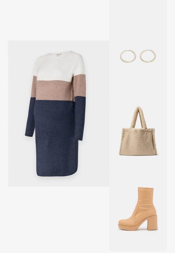 Robe en maille à manches longues, dotée d'un design en blocs de couleurs en crème, taupe et marine. Texture douce et encolure ronde.; Even&Odd by Zalando Bottines à talons hauts - beige; Sac fourre-tout en tissu teddy beige avec deux courtes poignées, texture pelucheuse et forme structurée. Pas de matériel visible ni de détails supplémentaires.; Boucles d'oreilles créoles en métal doré avec une finition lisse et polie, dotées d'une fermeture sécurisée et d'un design circulaire minimaliste.