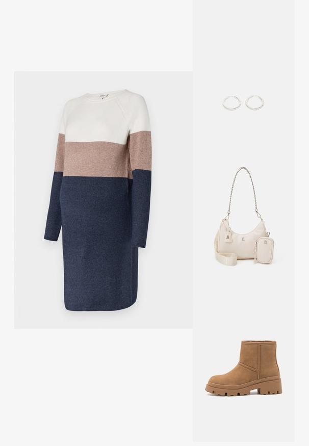 Robe en maille à manches longues, dotée d'un design en blocs de couleurs en crème, taupe et marine. Texture douce et encolure ronde.; Bottines en daim marron avec une semelle épaisse et striée, au design simple. Hauteur atteignant le mi-cheville avec une finition lisse.; Sac à main en cuir beige avec une forme courbée, une bandoulière en chaîne, quincaillerie en argent et une petite pochette amovible. Bandoulière texturée avec un motif de logo.; Une paire de boucles d'oreilles en argent avec de subtils détails gravés, placées sur un fond blanc uni.