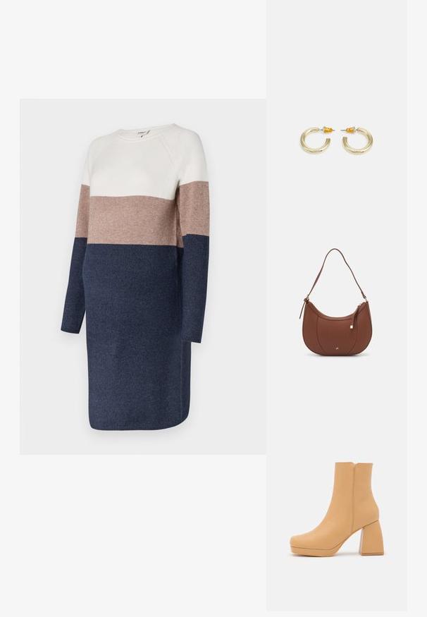 Robe en maille à manches longues, dotée d'un design en blocs de couleurs en crème, taupe et marine. Texture douce et encolure ronde.; DeeZee Bottines à plateau - dark beige; Sac à épaule en faux cuir brun, de forme arrondie, avec des coutures minimales et un accent en matériel doré. Il possède une fermeture zippée sur le dessus et une sangle réglable.; Boucles d'oreilles en métal doré en forme d'anneau, avec une finition lisse et arrondie. Elles possèdent des accents orange à l'arrière pour un maintien sécurisé.