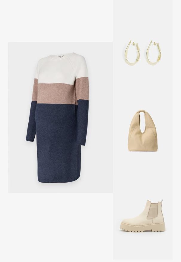 Gebreide jurk met lange mouwen, met een kleurblokontwerp in crèmewit, taupe en marineblauw. Zachte textuur en ronde hals.; Beige leren Chelsea-boot met elastische zijpanelen, chunky platformzool en gestructureerde accenten. Voorzien van een trekhaak aan de achterzijde en een stiksel detail.; Beige leren handtas met een unieke S-vorm, zachte textuur en een lusvormig handvat. Beschikt over twee diagonale pockets aan de voorkant.; Gouden oorbellen hebben een gedraaide, golvende vorm met een glanzende afwerking. Gesloten met een post-achterkant voor een veilige draagervaring.