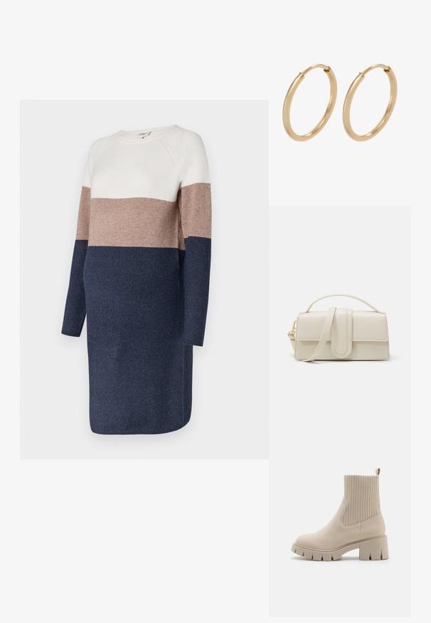 Robe en maille à manches longues, dotée d'un design en blocs de couleurs en crème, taupe et marine. Texture douce et encolure ronde.; Call it Spring ASHANTI - Bottines à plateau - light grey; Sac à main en cuir couleur crème, de forme rectangulaire, avec une poignée plate et une bandoulière détachable ; présente un rabat à l'avant avec une fermeture magnétique.; Boucles d'oreilles en or en forme de créoles, avec une finition lisse et polie. Forme arrondie, de taille moyenne, dotées d'un mécanisme de fermeture sécurisé.
