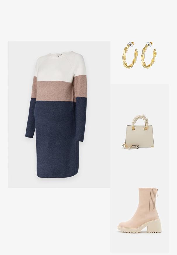 Pletené šaty s dlhými rukávmi, majúce dizajn v blokoch farieb v krémovej, taupe a námornej modrej. Mäkkučká textúra a okrúhly výstrih.; Even&Odd by Zalando Členkové čižmy na platforme - beige; ALDO BILITHA - Kabelka - bone/gold-coloured; Zlaté skrútené náušnice s hladkým povrchom, ktoré majú priehľadný podklad a zlatý hardware.