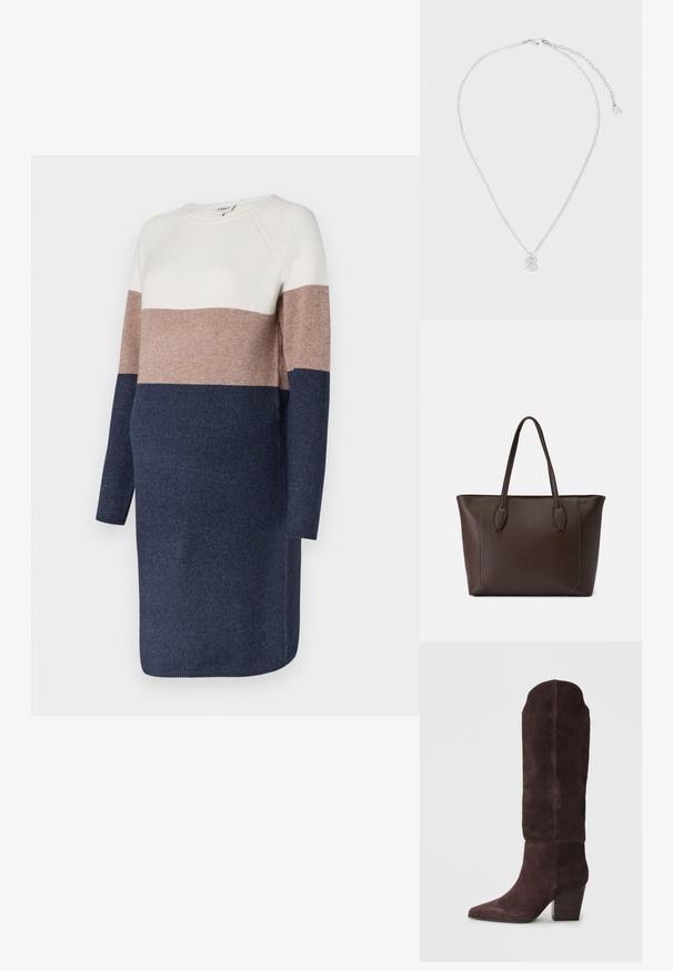 Gebreide jurk met lange mouwen, met een kleurblokontwerp in crèmewit, taupe en marineblauw. Zachte textuur en ronde hals.; Knielange suede laarzen in donkerpaars, met een spitse neus en een robuuste houten hak, met een gladde textuur en een minimalistisch ontwerp.; Bruine leren tote bag met twee bovenhandvaten, rechthoekige vorm, minimalistisch design en stiksels langs de randen.; Delicate zilveren ketting met een kleine zwaanvormige hanger gedetailleerd met kleine kristallen en een verstelbare sluiting.