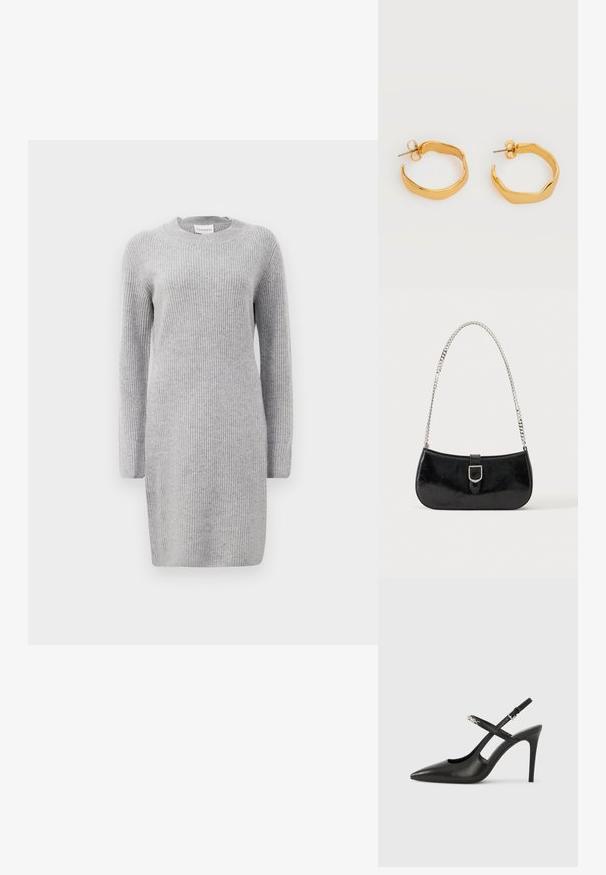 Harmaa ribattua neulemekkoa pitkillä hihoilla, pyöreällä pääntiellä ja sivurei'illä. Kankaan texture on pehmeä ja siinä on tasainen pystysuora kuvio.; Mustat nahkaiset slingback-korkokengät terävällä kärjellä, leikkausaukkokuviolla ja säädettävällä remmillä, jossa metalliset yksityiskohdat.; Musta kiiltonahkainen olkalaukku hopeisella solkikoristuksella ja hopeaketjuhihnalla, esillä yksivärisen vaalean taustan edessä.; Pari epäsäännöllisen muotoisia, kiillotettuja kultaisia rengaskorvakoruja, joissa on tappikiinnitys, yksinkertaisella valkoisella taustalla.