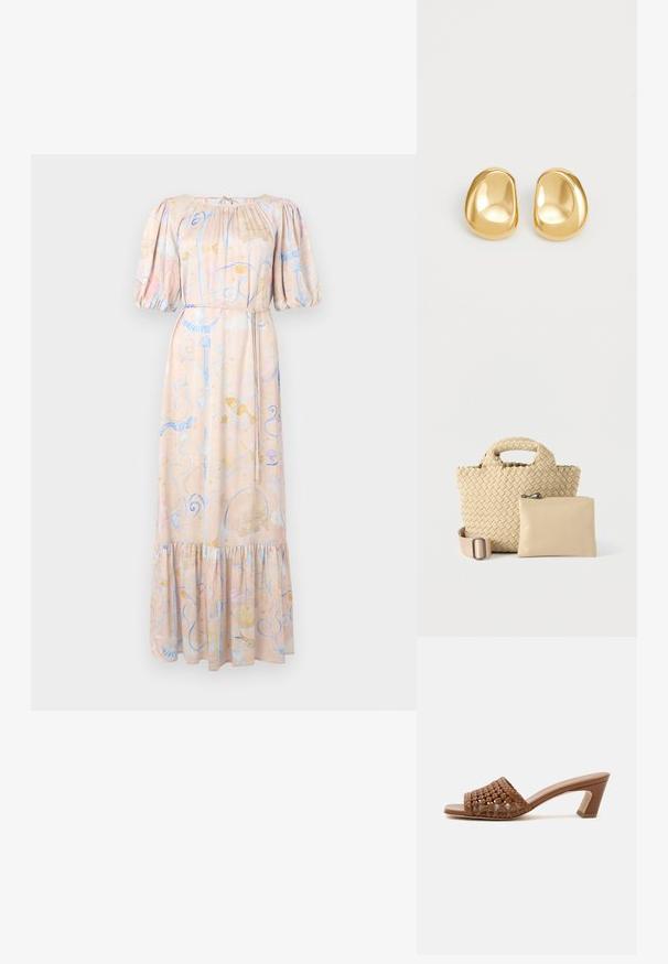 Maxikleid aus weichem Stoff, mit Puffärmeln, gerafftem Ausschnitt, pastellfarbigen Blumenmustern und einem gerafften Saum. Mit gebundenem Taillendetail.; Brauner gewebter Open-Toe-Mule mit Blockabsatz und Slip-On-Design auf schlichtem weißen Hintergrund.; Geflochtene beige Handtasche mit strukturierter Oberfläche und abgerundeten Griffen, begleitet von einem glatten, mit einem Reißverschluss versehenen Beutel in passendem Farbton.; Goldfarbene Ohrstecker mit einer glatten, runden Form und einer reflektierenden Oberfläche, die ein minimalistisches Design ohne sichtbare Muster zeigen.