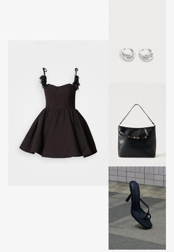 Sort kjole med tætsiddende overdel og svajet skirt. Har spaghetti-stropper og blomsterdetaljer på skulderne. Glat stofstruktur.; Sort højhælet sandal med tynde stropper og firkantet tå, mærket "SIMMI London", placeret på udendørs fortov nær flisebelagt væg.; Sort skuldertaske i læder med en enkel strop og en lille guldlåsdetalje foran mod en ensfarvet lys baggrund.; Par polerede sølv hoops øreringe med lagdelt, buet stangdesign på en ensartet lys baggrund.