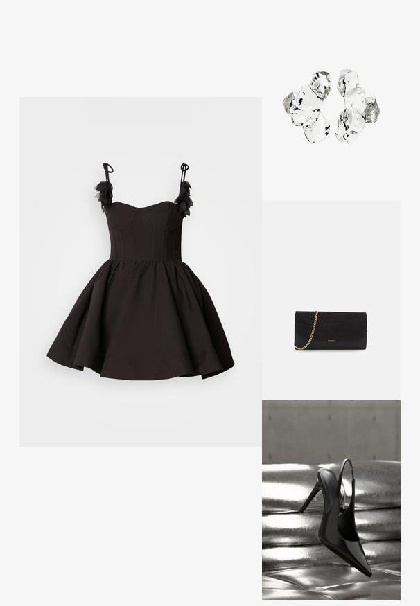 Vestido negro con corsé ajustado y falda acampanada. Presenta tirantes finos y detalles florales en el hombro. Textura de tela suave.; Zapato de tacón alto en negro brillante con talón descubierto, equilibrado sobre una superficie acolchada metálica plateada y brillante con textura suave.; Bolso de mano negro hecho de ante con un acabado texturizado, que presenta una cadena dorada y un diseño elegante y angular.; Conjunto de seis piezas de forma irregular, translúcidas y reflectantes, similares al vidrio, dispuestas sobre un fondo blanco.