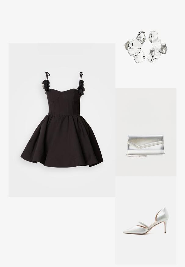 Vestido negro con corsé ajustado y falda acampanada. Presenta tirantes finos y detalles florales en el hombro. Textura de tela suave.; Zapato de tacón alto plateado con punta en pico, tacón de aguja bajo y una tira fina adornada con piedras brillantes a lo largo del empeine.; Bolso clutch plateado brillante con solapa de estilo sobre y adorno decorativo, pequeña correa de cadena plateada, sobre fondo liso claro.; Conjunto de seis piezas de forma irregular, translúcidas y reflectantes, similares al vidrio, dispuestas sobre un fondo blanco.