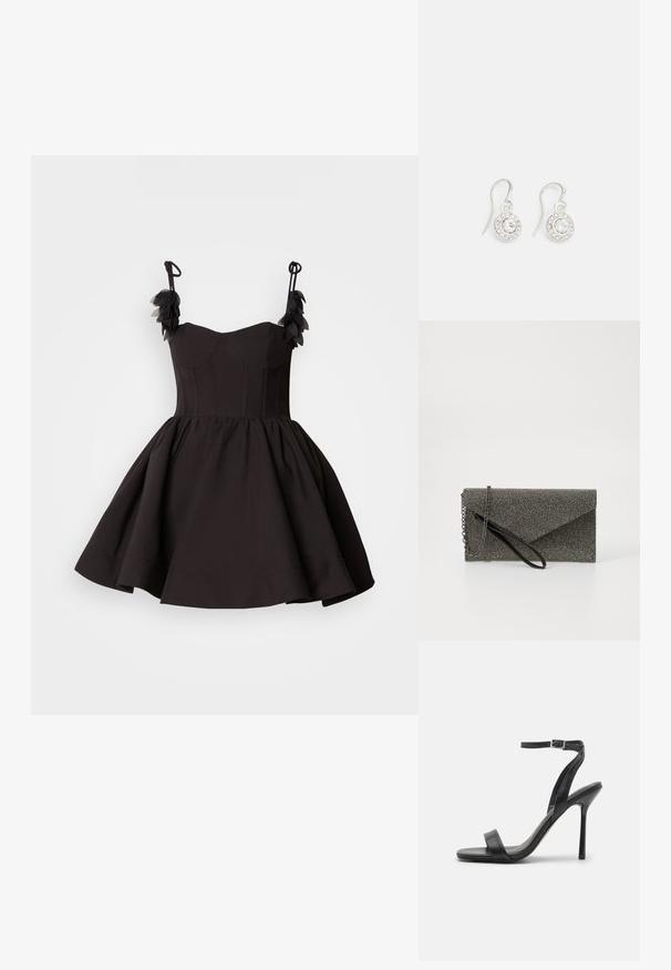 Vestido negro con corsé ajustado y falda acampanada. Presenta tirantes finos y detalles florales en el hombro. Textura de tela suave.; Sandalia negra de tacón alto con una correa delgada en el tobillo y dos bandas en la parte frontal. Hecha de cuero suave con una punta afilada y tacón de aguja.; Cartera de mano metálica gris con patrón de malla texturizada, diseño de sobre, cadena como correa y una correa de muñeca delgada y elegante.; Pendientes de gancho en tono plateado con diseño circular, que cuentan con un brillante de vidrio transparente en el centro rodeado de pequeñas piedras brillantes.